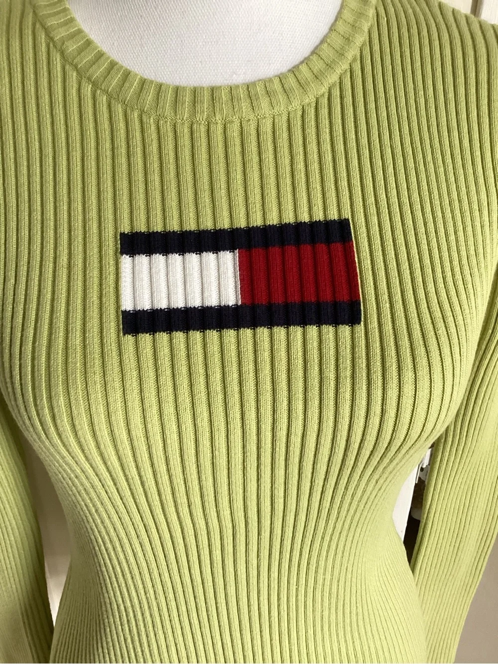 TOMMY HILFIGER ribbed sweater Sz S green cotton Y2K long sleeve